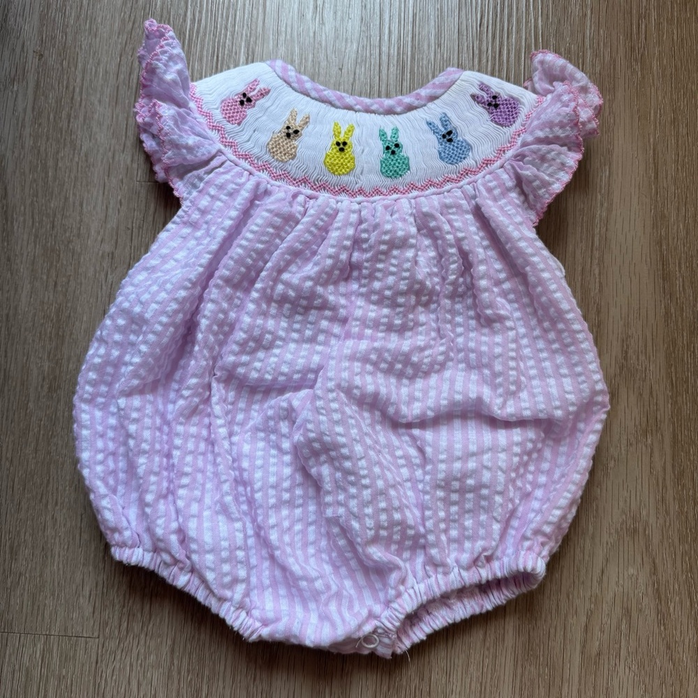 Pink Baby Smocked Bubble Romper with Bunny Embroidery